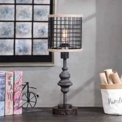 20" Metal Table Lamp with Caged Shade Black/Natural - StyleCraft -Desk Lamps sales shop unnamed file 1909