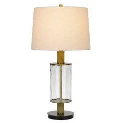 31" Morrilton Glass and Metal Table Lamp with Wood Poles Hardback Fabric Drum Shade Antique Brass - Cal Lighting