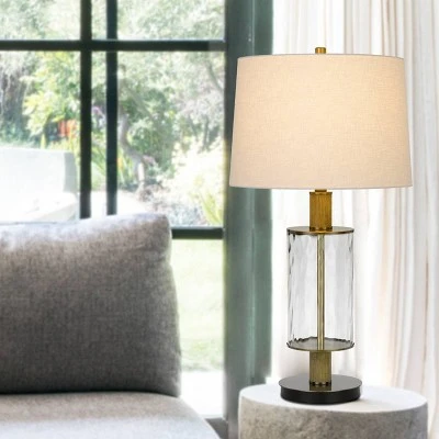 31" Morrilton Glass and Metal Table Lamp with Wood Poles Hardback Fabric Drum Shade Antique Brass - Cal Lighting 2 31" Morrilton Glass and Metal Table Lamp with Wood Poles Hardback Fabric Drum Shade Antique Brass - Cal Lighting - Image 2