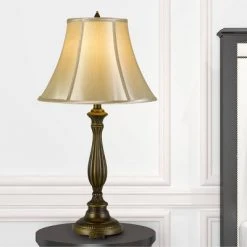 28" 3-way Metal Aluminum Casted Table Lamp with Softback Faux Silk Shade Antique Brass - Cal Lighting