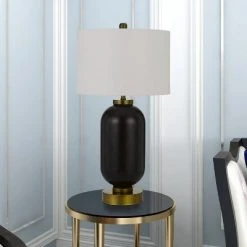 34" Sycamore Glass Table Lamp with Drum Shade Antique Brass/Black - Cal Lighting