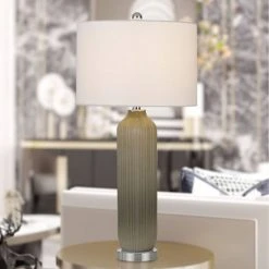 31" Catalina Glass Table Lamp with Drum Hardback Fabric Shade Warm Gray - Cal Lighting