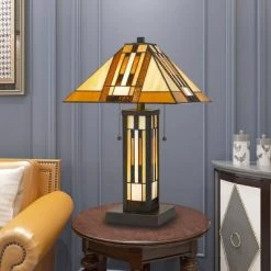 22.75" Tiffany Table Lamp Hand Cut Stained Glass Shade and Lamp Base (Includes LED Light Bulb) Dark Bronze - Cal Lighting