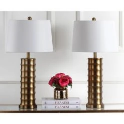 (Set of 2) 28.5" Linus Column Table Lamp Gold (Includes CFL Light Bulb) - Safavieh
