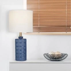 18" Textured Ceramic Table Lamp with Linen Shade (Includes LED Light Bulb) Blue - Cresswell Lighting 6 18" Textured Ceramic Table Lamp with Linen Shade (Includes LED Light Bulb) Blue - Cresswell Lighting -Desk Lamps sales shop unnamed file 3946