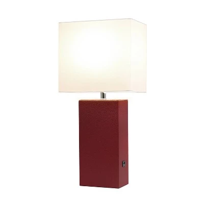Modern Leather Table Lamp with USB and Fabric Shade Red - Elegant Designs 1 Modern Leather Table Lamp with USB and Fabric Shade Red - Elegant Designs