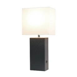 Modern Leather Table Lamp with USB and Fabric Shade Espresso Brown - Elegant Designs