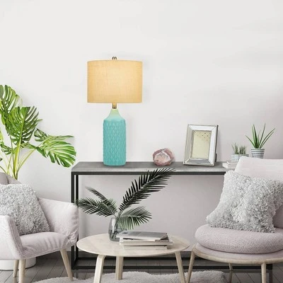 26.5" Quilted Ceramic Table Lamp with Natural Linen Drum Shade Aqua Blue - Cresswell Lighting 3 26.5" Quilted Ceramic Table Lamp with Natural Linen Drum Shade Aqua Blue - Cresswell Lighting - Image 3