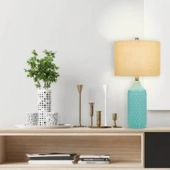 26.5" Quilted Ceramic Table Lamp with Natural Linen Drum Shade Aqua Blue - Cresswell Lighting 14 26.5" Quilted Ceramic Table Lamp with Natural Linen Drum Shade Aqua Blue - Cresswell Lighting -Desk Lamps sales shop unnamed file 4113