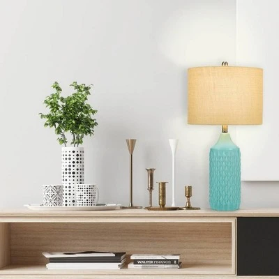 26.5" Quilted Ceramic Table Lamp with Natural Linen Drum Shade Aqua Blue - Cresswell Lighting 7 26.5" Quilted Ceramic Table Lamp with Natural Linen Drum Shade Aqua Blue - Cresswell Lighting - Image 7