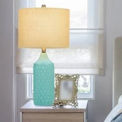 26.5" Quilted Ceramic Table Lamp with Natural Linen Drum Shade Aqua Blue - Cresswell Lighting 15 26.5" Quilted Ceramic Table Lamp with Natural Linen Drum Shade Aqua Blue - Cresswell Lighting -Desk Lamps sales shop unnamed file 4114