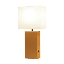 Modern Leather Table Lamp with USB and Fabric Shade Tan - Elegant Designs