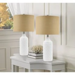 26.5" Geometric Ceramic Table Lamp with Linen Shade White - Cresswell Lighting -Desk Lamps sales shop unnamed file 4200