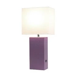 Modern Leather Table Lamp with USB and Fabric Shade Purple - Elegant Designs