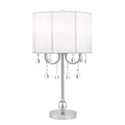 23" Chandelier Table Lamp with Dazzling Clear Beads/Organza Pleated Shade Silver - Cresswell Lighting