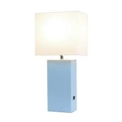 Modern Leather Table Lamp with USB and Fabric Shade Periwinkle - Elegant Designs