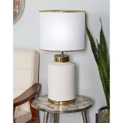 15" x 24" Large Contemporary Style Round Ceramic Table Lamp with Metallic Trim White/Gold - CosmoLiving by Cosmopolitan
