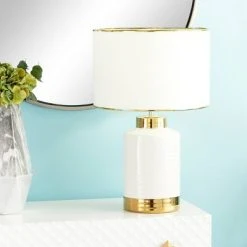 15" x 24" Large Contemporary Style Round Ceramic Table Lamp with Metallic Trim White/Gold - CosmoLiving by Cosmopolitan -Desk Lamps sales shop unnamed file 4529