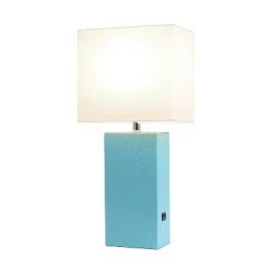 Modern Leather Table Lamp with USB and Fabric Shade Aqua - Elegant Designs
