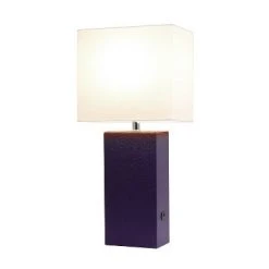 Modern Leather Table Lamp with USB and Fabric Shade Eggplant - Elegant Designs