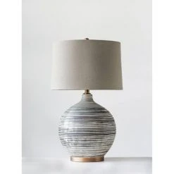 Textured Striped Ceramic Table Lamp with Linen Shade (Includes LED Light Bulb) Black/White/Gray - 3R Studios