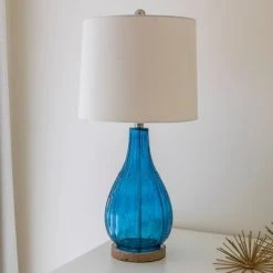 27.5" Emma Embossed Glass Table Lamp Indigo - Decor Therapy -Desk Lamps sales shop unnamed file 5343