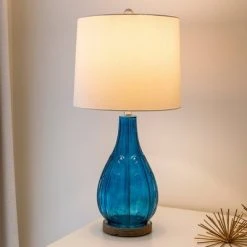 27.5" Emma Embossed Glass Table Lamp Indigo - Decor Therapy -Desk Lamps sales shop unnamed file 5344