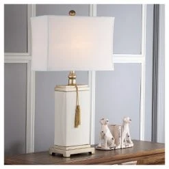32" Amiliana Glazed Tassel Lamp Cream (Includes CFL Light Bulb) - Safavieh