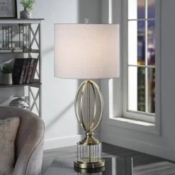 Transitional Satin Brass Double Ring Table Lamp with Glass Pedestal Gray - StyleCraft -Desk Lamps sales shop unnamed file 645